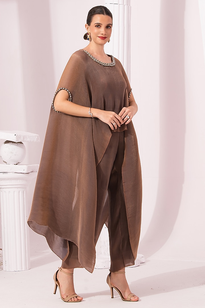 Chestnut Brown Two Tone Tissue Satin Embroidered Kaftan Set by Preeti mehta at Pernia's Pop Up Shop