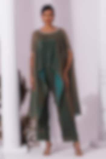 Moss Green Two Tone Tissue Satin Embroidered Kaftan Set by Preeti mehta at Pernia's Pop Up Shop