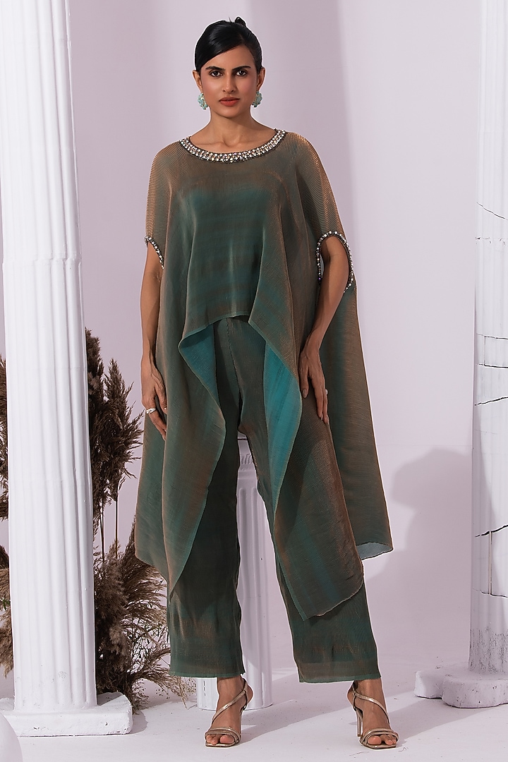 Moss Green Two Tone Tissue Satin Embroidered Kaftan Set by Preeti mehta at Pernia's Pop Up Shop