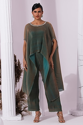 Moss Green Two Tone Tissue Satin Embroidered Kaftan Set by Preeti mehta