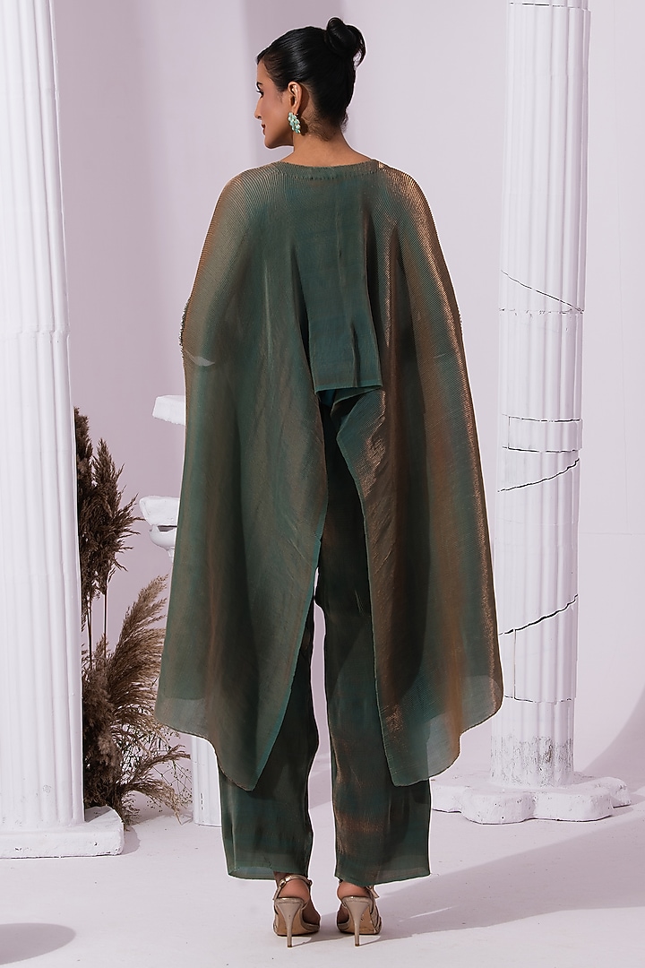 Moss Green Two Tone Tissue Satin Embroidered Kaftan Set by Preeti mehta at Pernia's Pop Up Shop