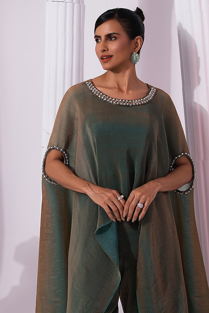 Moss Green Two Tone Tissue Satin Embroidered Kaftan Set by Preeti mehta at Pernia's Pop Up Shop