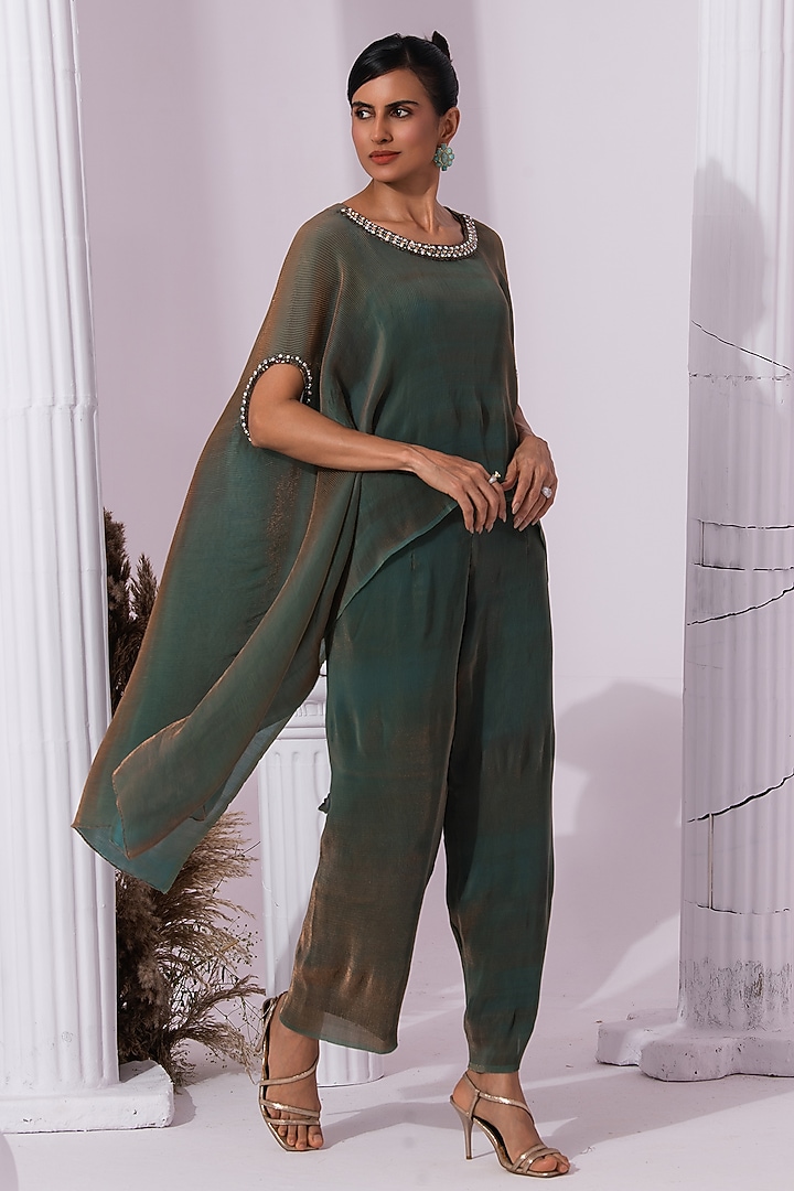 Moss Green Two Tone Tissue Satin Embroidered Kaftan Set by Preeti mehta at Pernia's Pop Up Shop