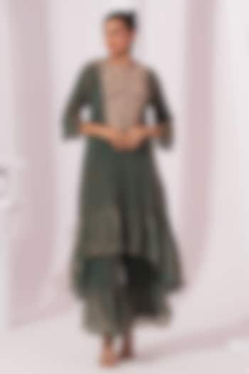 Moss Green Tissue Satin Hand Embroidered Party Wear Sharara Set by Preeti mehta at Pernia's Pop Up Shop