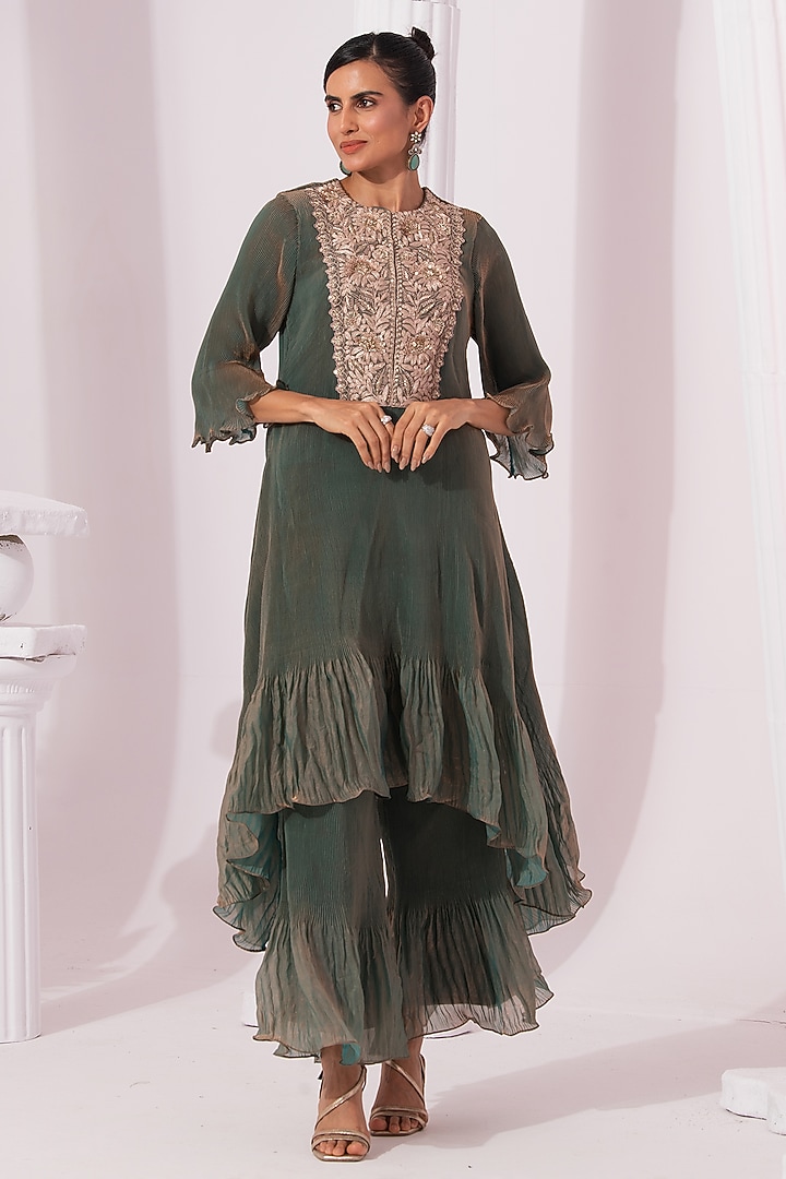 Moss Green Tissue Satin Hand Embroidered Party Wear Sharara Set by Preeti mehta at Pernia's Pop Up Shop