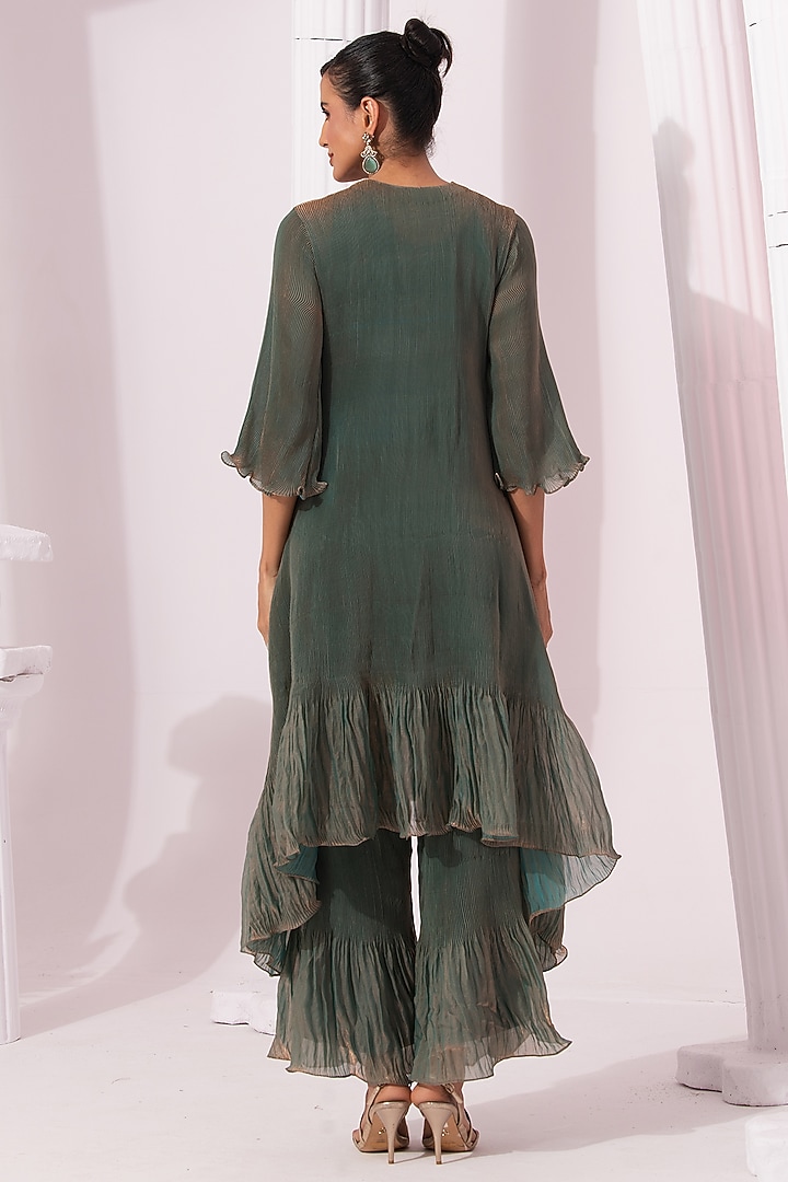 Moss Green Tissue Satin Hand Embroidered Party Wear Sharara Set by Preeti mehta at Pernia's Pop Up Shop