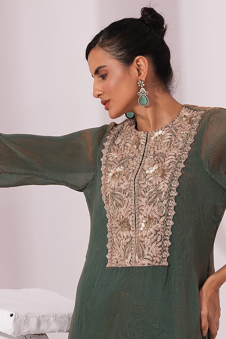 Moss Green Tissue Satin Hand Embroidered Party Wear Sharara Set by Preeti mehta at Pernia's Pop Up Shop