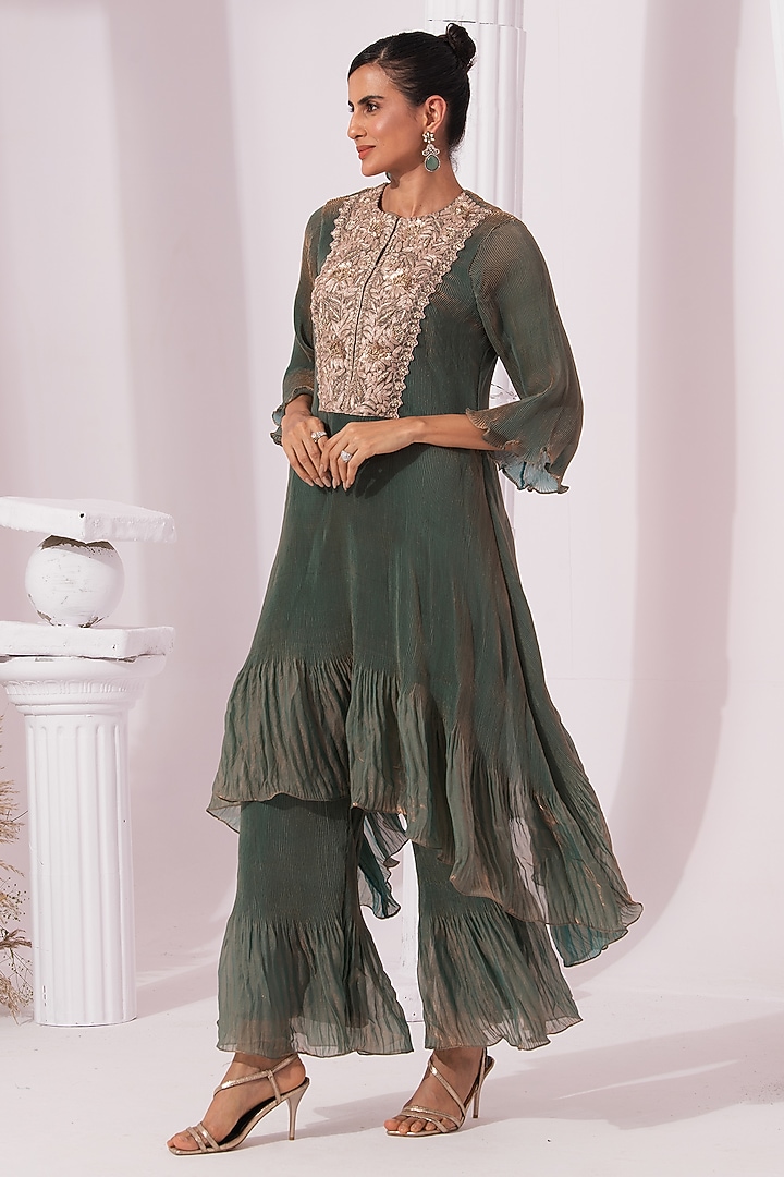 Moss Green Tissue Satin Hand Embroidered Party Wear Sharara Set by Preeti mehta at Pernia's Pop Up Shop