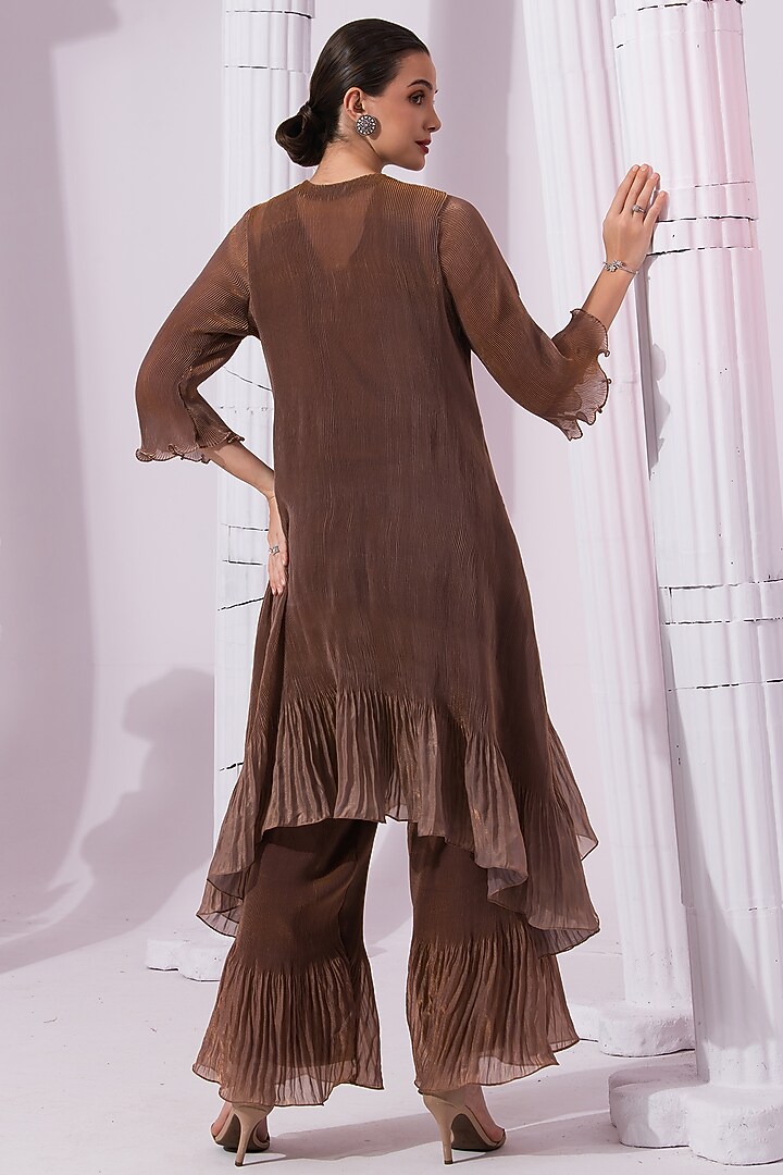 Chestnut Brown Tissue Satin Hand Embroidered Party Wear Sharara Set by Preeti mehta at Pernia's Pop Up Shop
