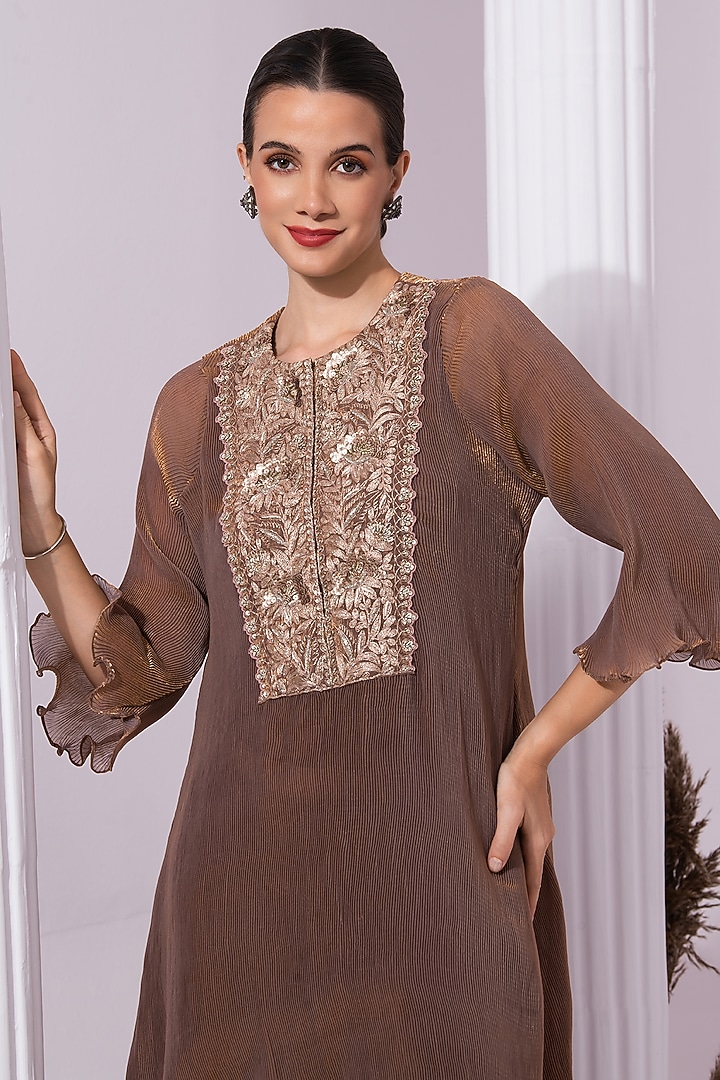 Chestnut Brown Tissue Satin Hand Embroidered Party Wear Sharara Set by Preeti mehta at Pernia's Pop Up Shop