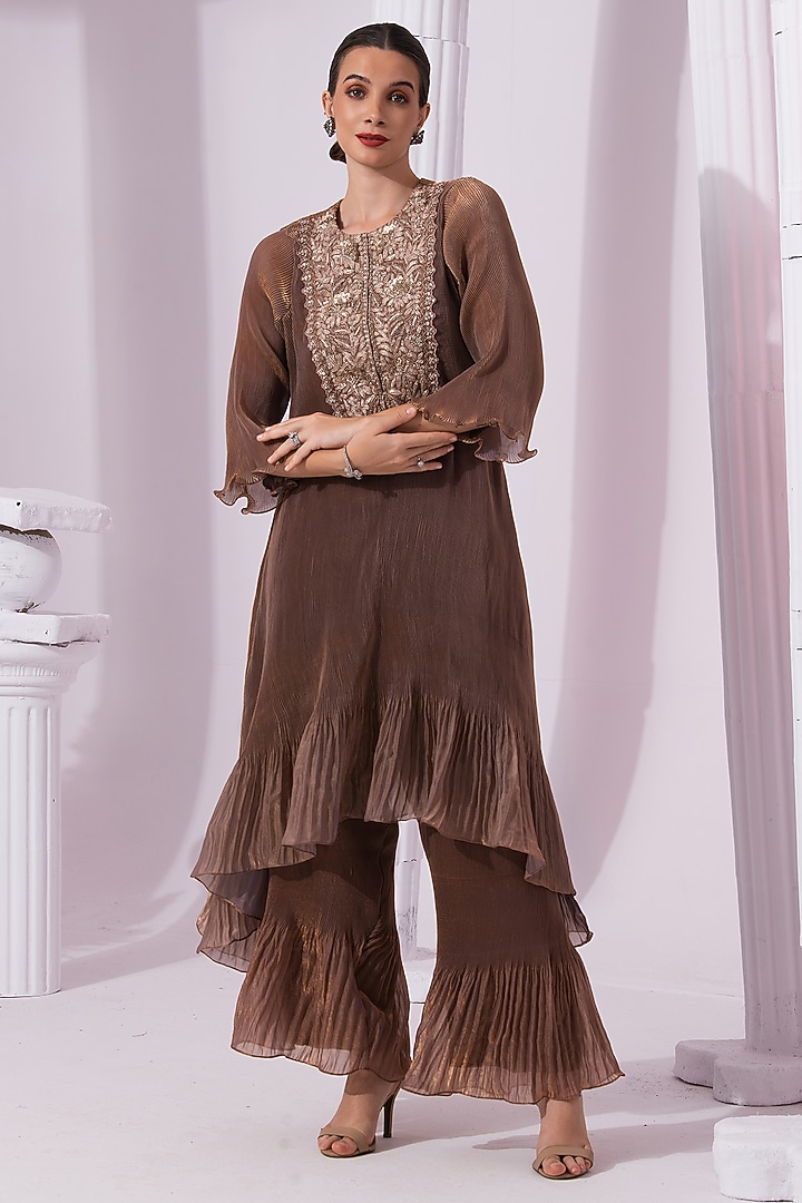 Chestnut Brown Tissue Satin Hand Embroidered Party Wear Sharara Set by Preeti mehta at Pernia's Pop Up Shop