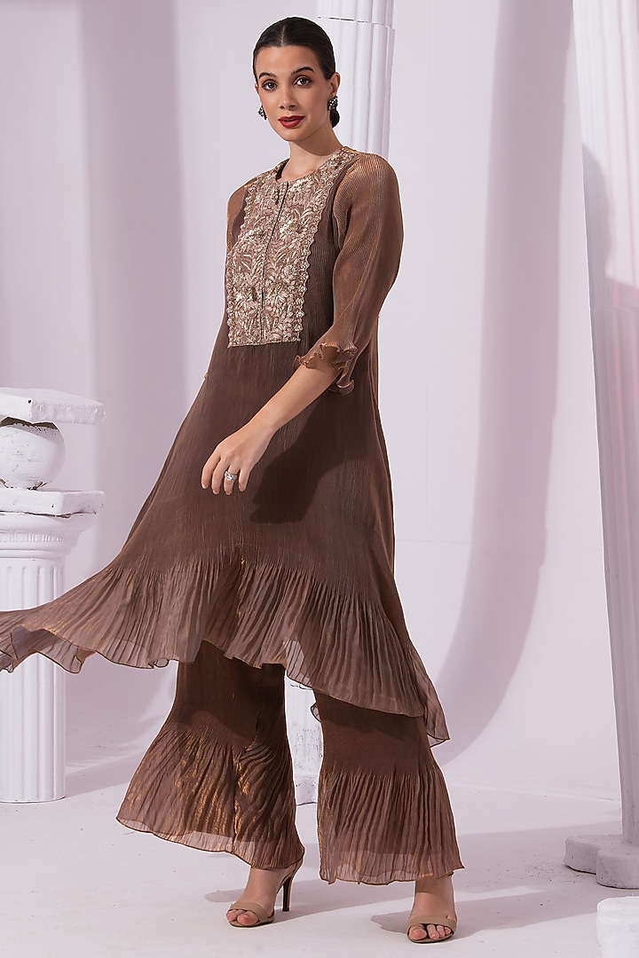 Chestnut Brown Tissue Satin Hand Embroidered Party Wear Sharara Set by Preeti mehta at Pernia's Pop Up Shop