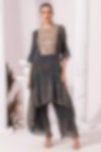 Steel Blue Tissue Satin Hand Embroidered Party Wear Sharara Set by Preeti mehta at Pernia's Pop Up Shop