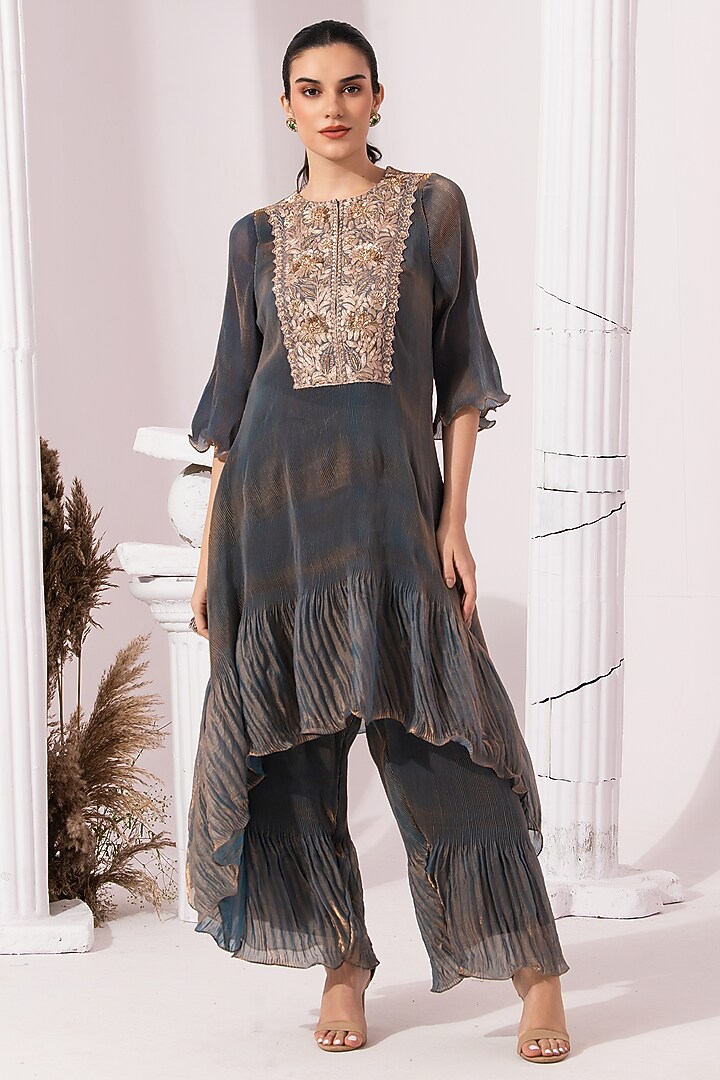 Steel Blue Tissue Satin Hand Embroidered Party Wear Sharara Set by Preeti mehta at Pernia's Pop Up Shop
