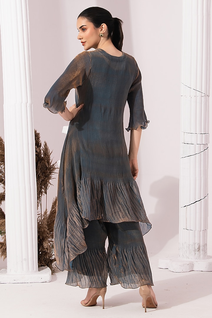 Steel Blue Tissue Satin Hand Embroidered Party Wear Sharara Set by Preeti mehta at Pernia's Pop Up Shop