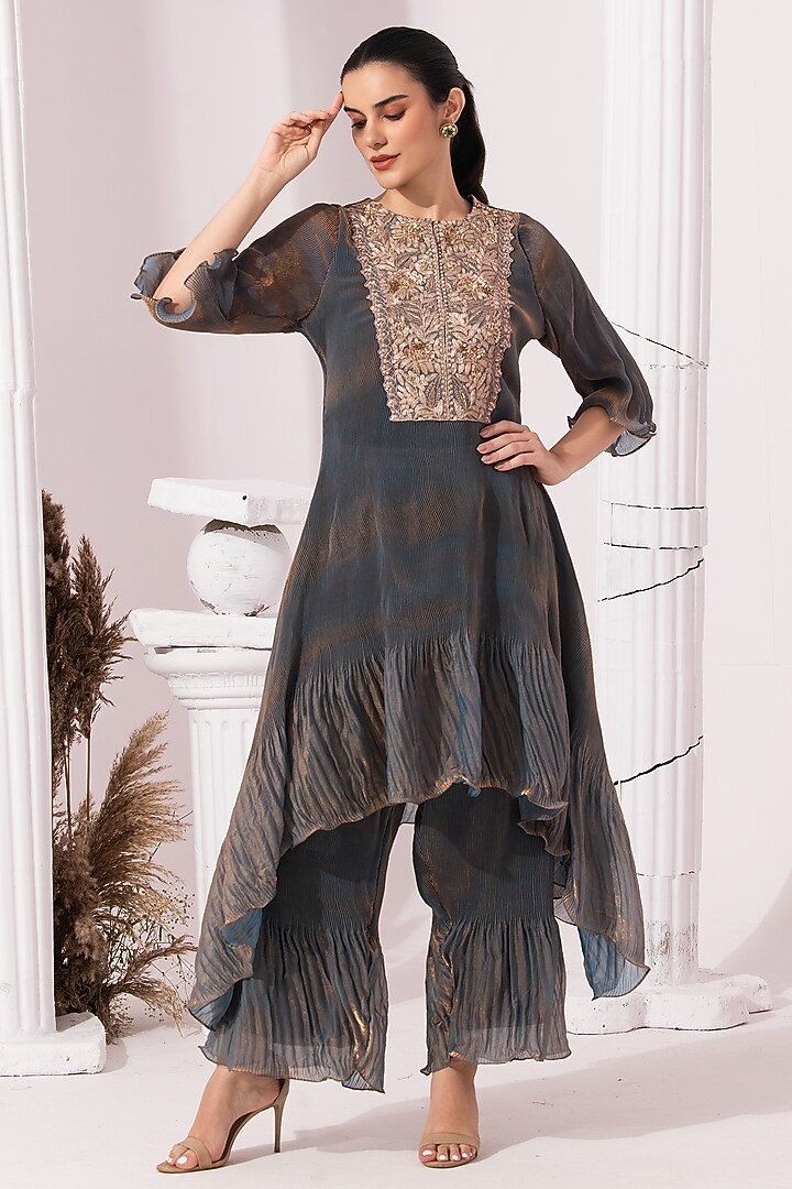 Steel Blue Tissue Satin Hand Embroidered Party Wear Sharara Set by Preeti mehta at Pernia's Pop Up Shop
