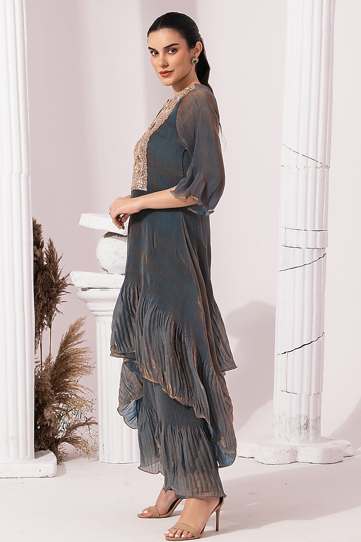 Steel Blue Tissue Satin Hand Embroidered Party Wear Sharara Set by Preeti mehta at Pernia's Pop Up Shop
