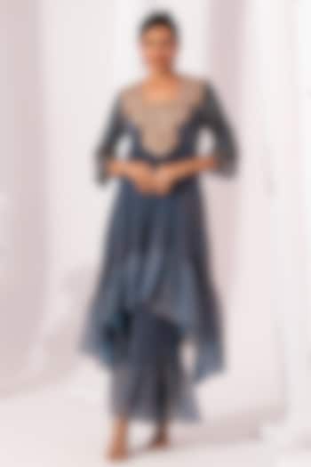 Steel Blue Tissue Satin Hand Embroidered Party Wear Sharara Set by Preeti mehta at Pernia's Pop Up Shop