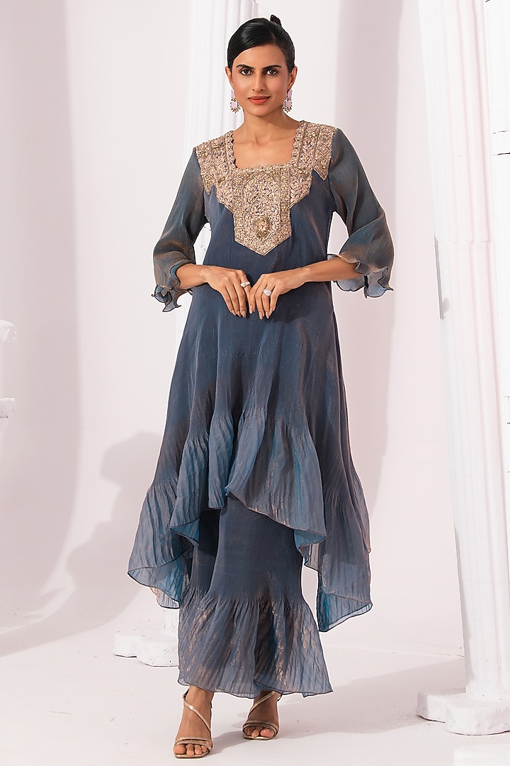 Steel Blue Tissue Satin Hand Embroidered Party Wear Sharara Set by Preeti mehta at Pernia's Pop Up Shop