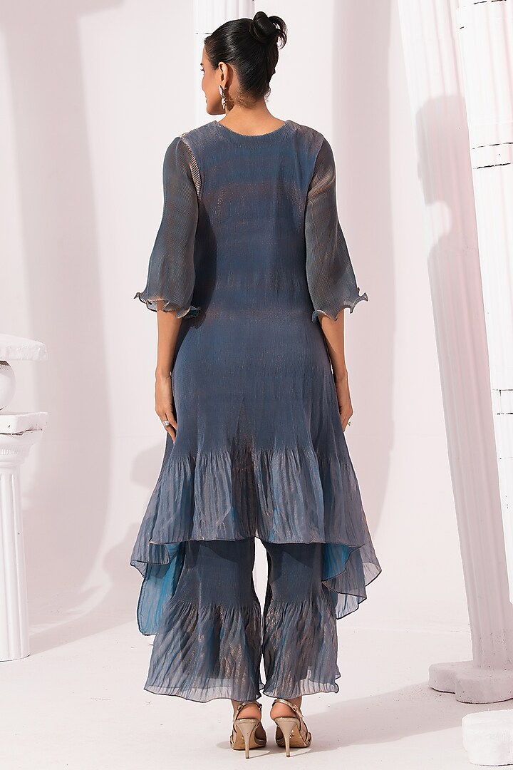 Steel Blue Tissue Satin Hand Embroidered Party Wear Sharara Set by Preeti mehta at Pernia's Pop Up Shop