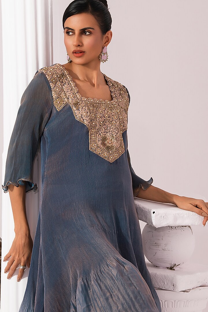 Steel Blue Tissue Satin Hand Embroidered Party Wear Sharara Set by Preeti mehta at Pernia's Pop Up Shop