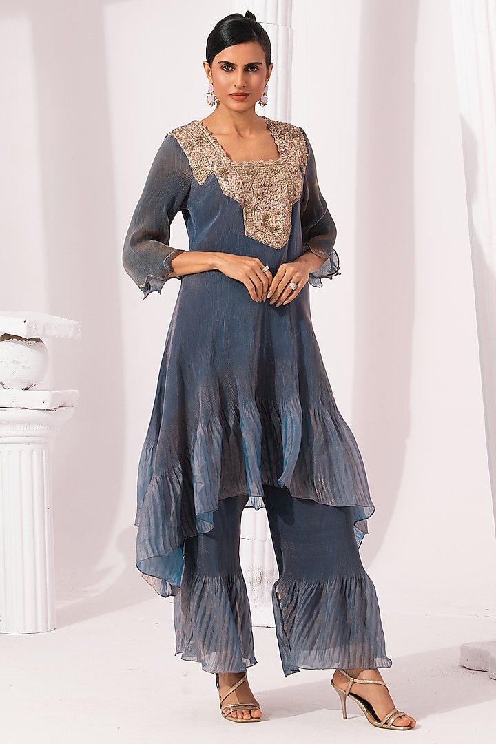 Steel Blue Tissue Satin Hand Embroidered Party Wear Sharara Set by Preeti mehta at Pernia's Pop Up Shop