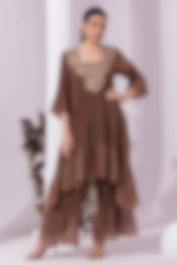 Chestnut Brown Tissue Satin Hand Embroidered Party Wear Sharara Set by Preeti mehta at Pernia's Pop Up Shop