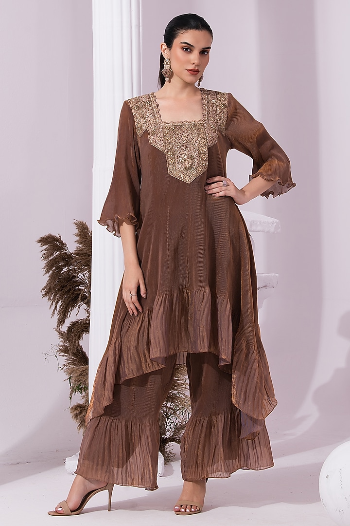 Chestnut Brown Tissue Satin Hand Embroidered Party Wear Sharara Set by Preeti mehta at Pernia's Pop Up Shop