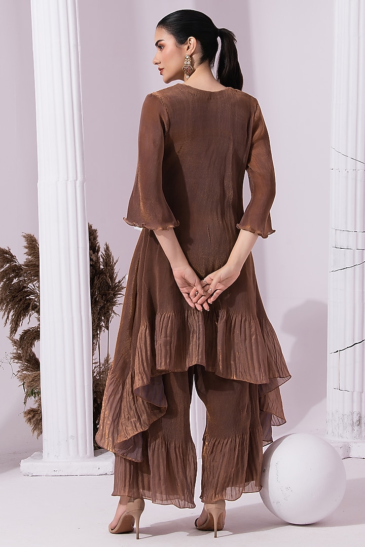 Chestnut Brown Tissue Satin Hand Embroidered Party Wear Sharara Set by Preeti mehta at Pernia's Pop Up Shop
