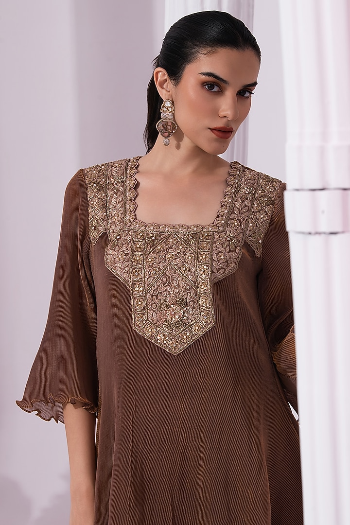 Chestnut Brown Tissue Satin Hand Embroidered Party Wear Sharara Set by Preeti mehta at Pernia's Pop Up Shop