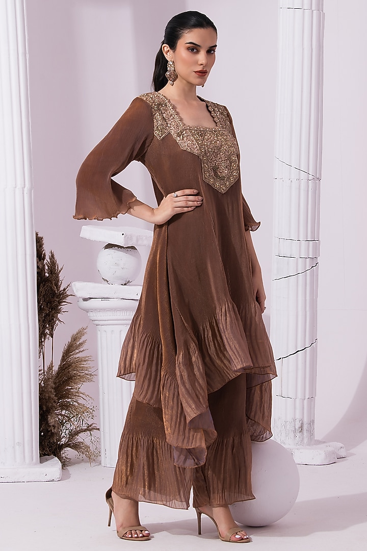 Chestnut Brown Tissue Satin Hand Embroidered Party Wear Sharara Set by Preeti mehta at Pernia's Pop Up Shop