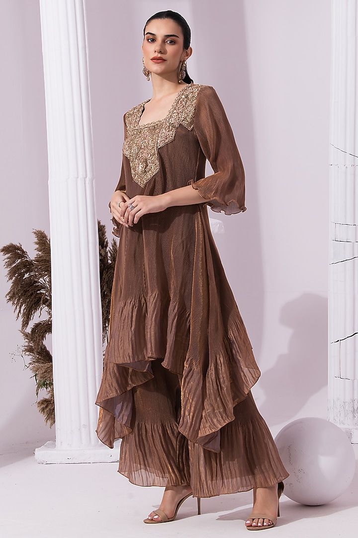 Chestnut Brown Tissue Satin Hand Embroidered Party Wear Sharara Set by Preeti mehta at Pernia's Pop Up Shop