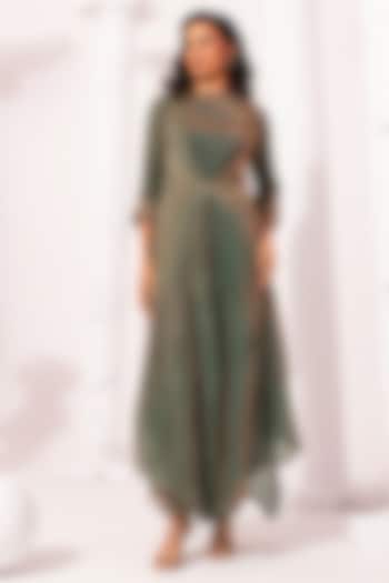 Moss Green Tissue Satin Hand Embroidered Tunic Set by Preeti mehta at Pernia's Pop Up Shop