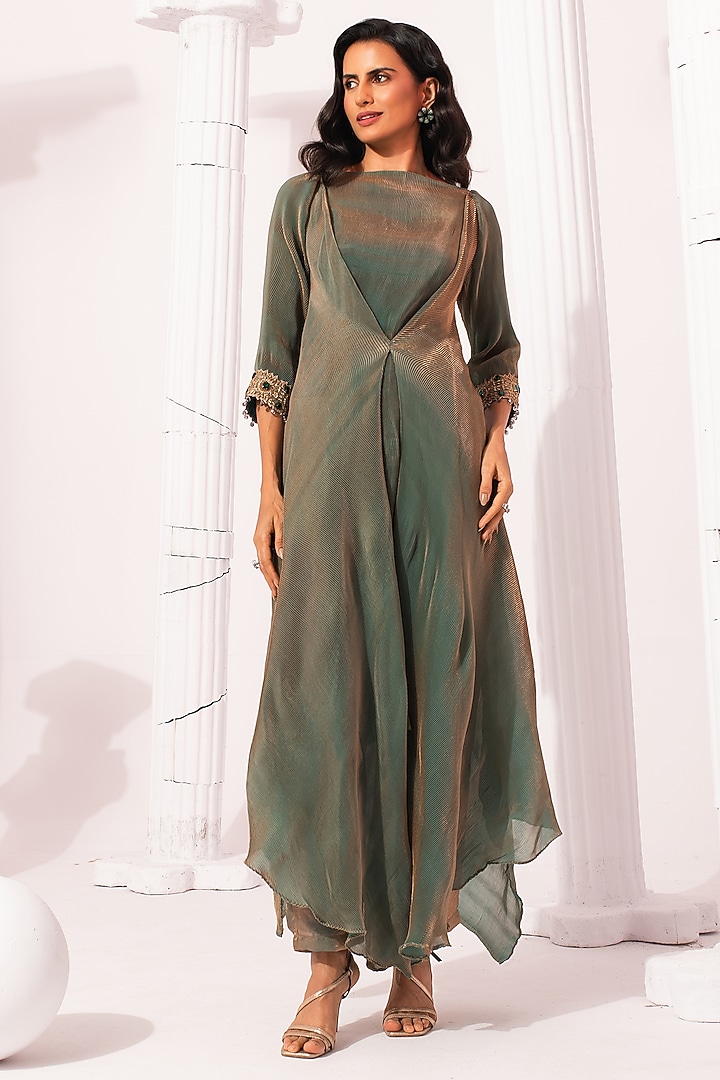 Moss Green Tissue Satin Hand Embroidered Tunic Set by Preeti mehta at Pernia's Pop Up Shop