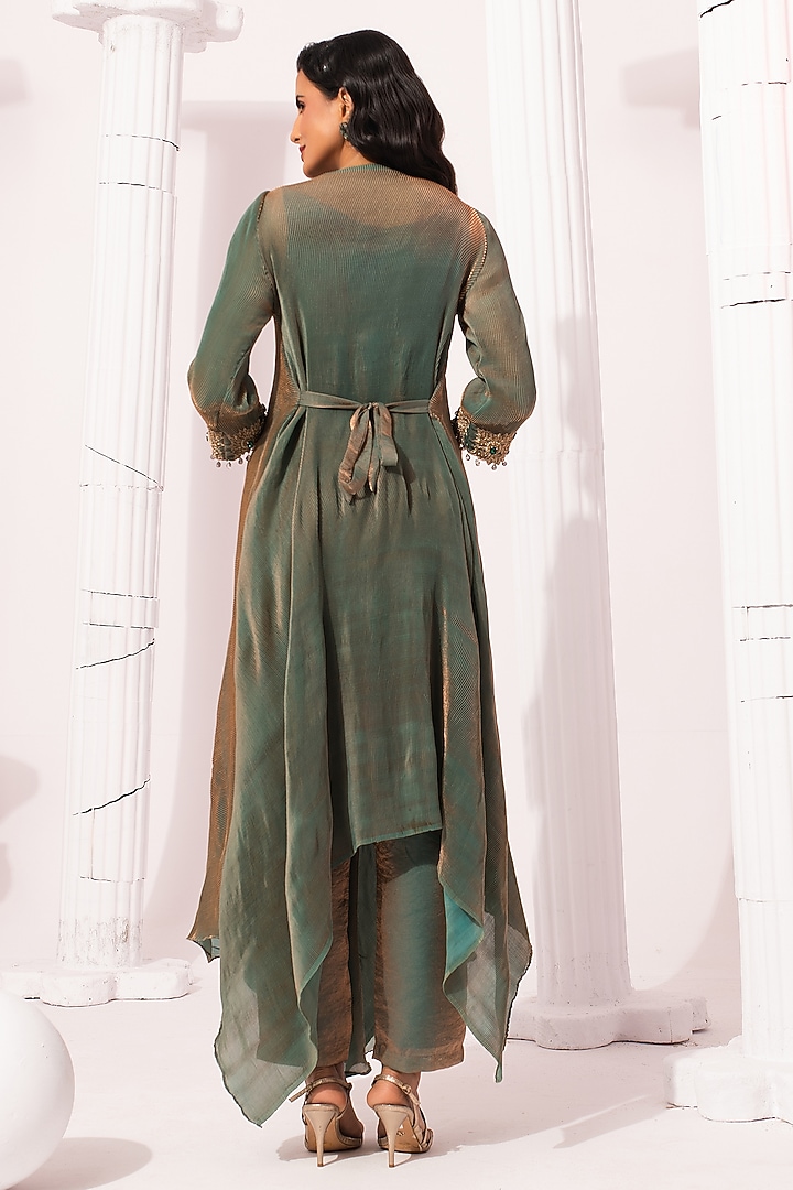 Moss Green Tissue Satin Hand Embroidered Tunic Set by Preeti mehta at Pernia's Pop Up Shop