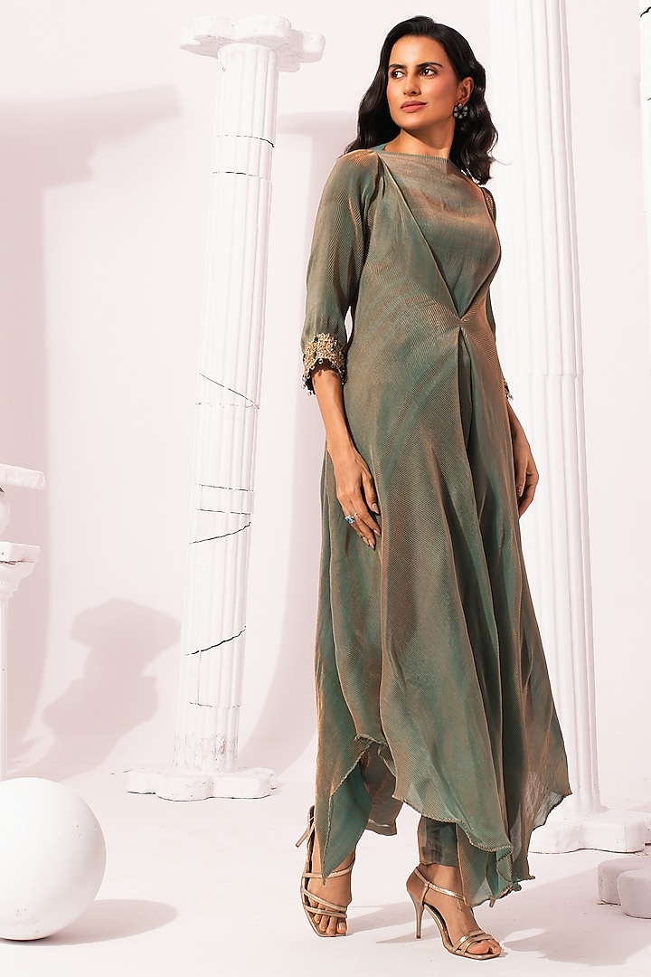 Moss Green Tissue Satin Hand Embroidered Tunic Set by Preeti mehta at Pernia's Pop Up Shop