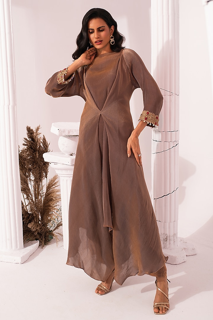 Chestnut Brown Tissue Satin Hand Embroidered Tunic Set by Preeti mehta at Pernia's Pop Up Shop