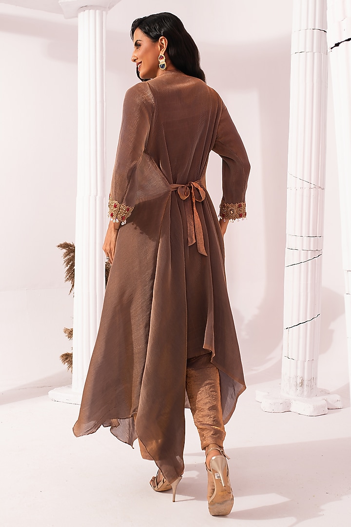 Chestnut Brown Tissue Satin Hand Embroidered Tunic Set by Preeti mehta at Pernia's Pop Up Shop