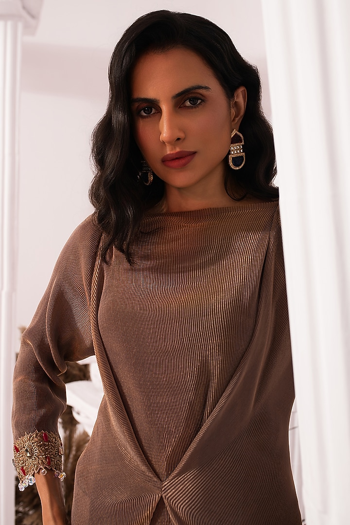 Chestnut Brown Tissue Satin Hand Embroidered Tunic Set by Preeti mehta at Pernia's Pop Up Shop
