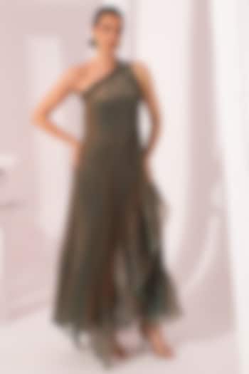 Moss Green Tissue Satin Hand Embroidered Tunic Set by Preeti Mehta at Pernia's Pop Up Shop