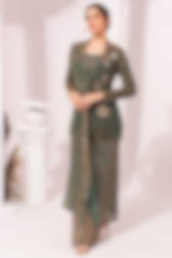 Moss Green Tissue Satin Hand Embroidered Jacket Set by Preeti Mehta at Pernia's Pop Up Shop
