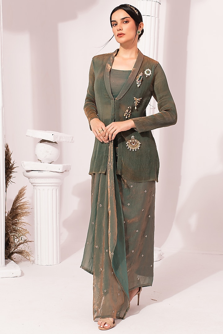 Moss Green Tissue Satin Hand Embroidered Jacket Set by Preeti Mehta at Pernia's Pop Up Shop
