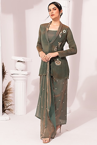 Moss Green Tissue Satin Hand Embroidered Jacket Set by Preeti Mehta
