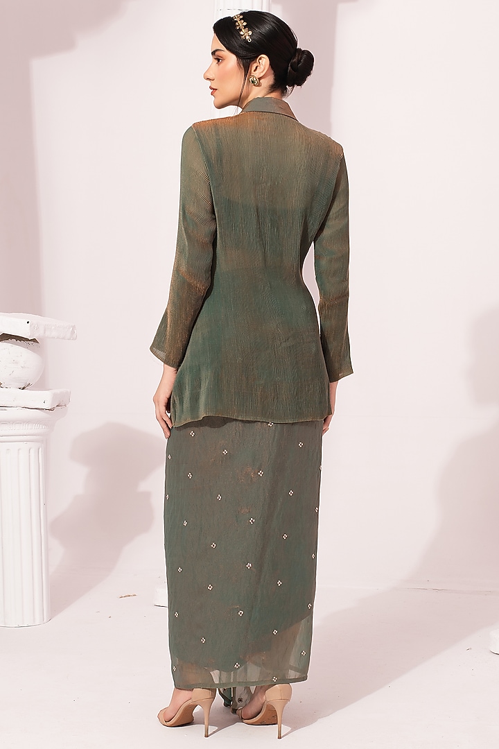 Moss Green Tissue Satin Hand Embroidered Jacket Set by Preeti Mehta at Pernia's Pop Up Shop
