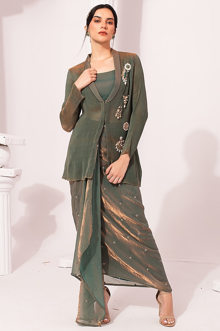 Moss Green Tissue Satin Hand Embroidered Jacket Set by Preeti Mehta at Pernia's Pop Up Shop