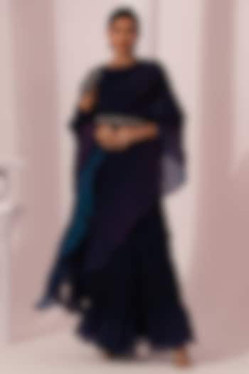 Peacock Blue Tissue Satin Pre-Draped Party Wear Saree Set by Preeti Mehta at Pernia's Pop Up Shop