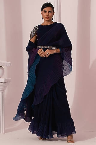 Peacock Blue Tissue Satin Pre-Draped Saree Set by Preeti Mehta