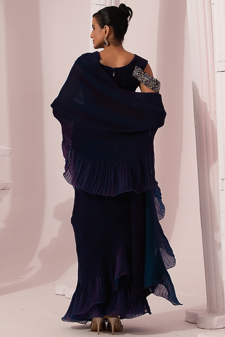 Peacock Blue Tissue Satin Pre-Draped Party Wear Saree Set by Preeti Mehta at Pernia's Pop Up Shop