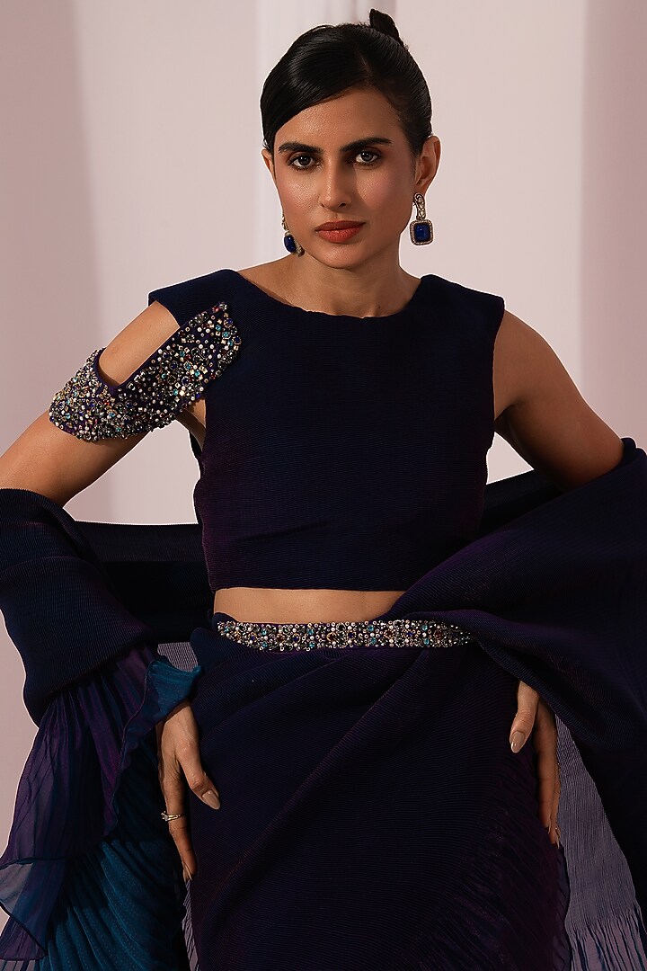 Peacock Blue Tissue Satin Pre-Draped Party Wear Saree Set by Preeti Mehta at Pernia's Pop Up Shop
