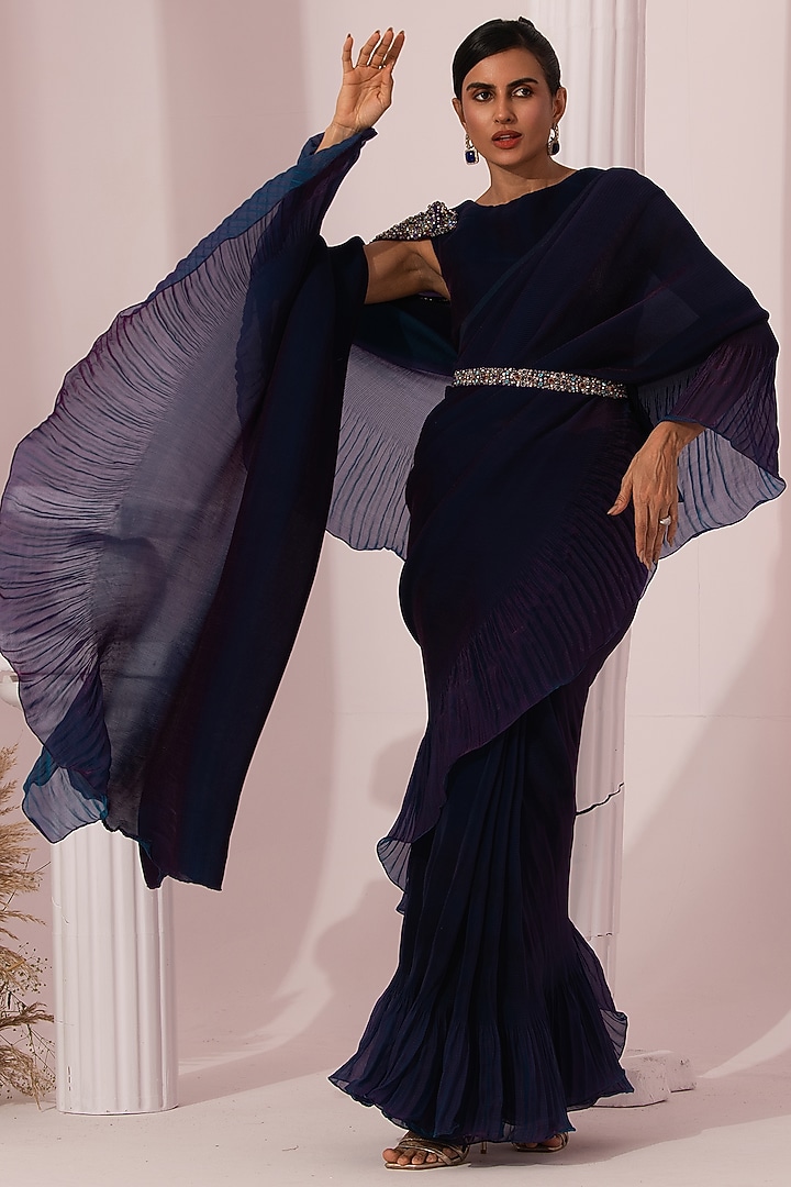 Peacock Blue Tissue Satin Pre-Draped Party Wear Saree Set by Preeti Mehta at Pernia's Pop Up Shop